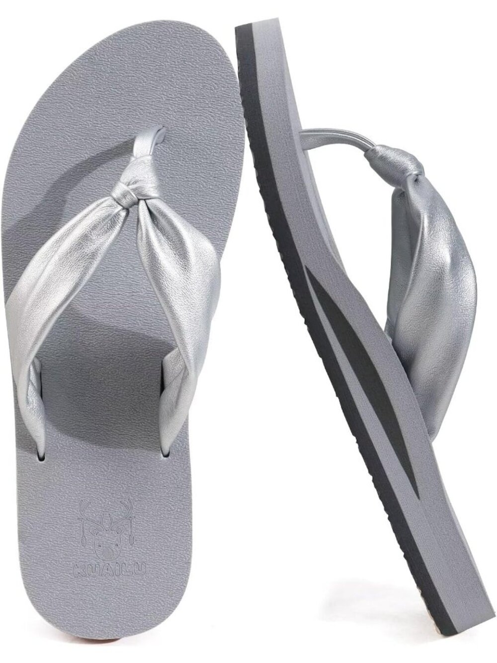 Women's Grey Faux Leather Summer Flip Flops With Arch Support Outdoor Slippers
